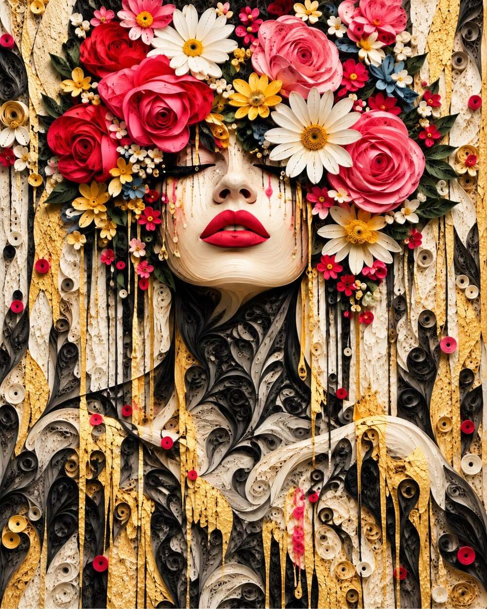 8x10 Black Framed Roses & Daisies Woman Art Print